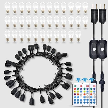 96FT Outdoor Patio Lights Color Changing, RGB LED String Lights with 32 E26 Shatterproof Edison Bulbs, Dimmable Patio String Lights for Backyard Garden, 2 Remote Controllers