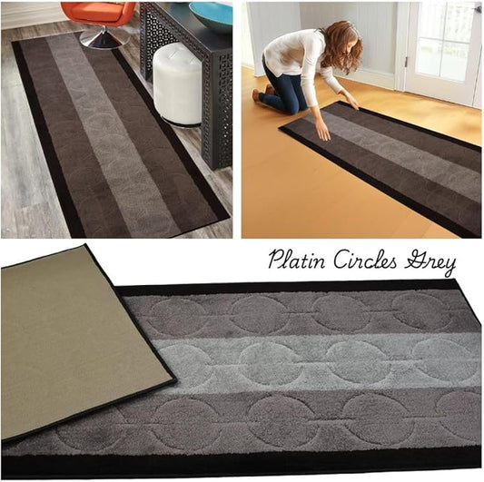 Washable Custom Size Runner Rug Circles Abstract Design Extra Long Runner Rugs for Hallways 26 Inch Wide x Pick Your Size by Feet Slip Skid Resistant Rubber Back (Circle Grey, 2 ft x 26 in)
