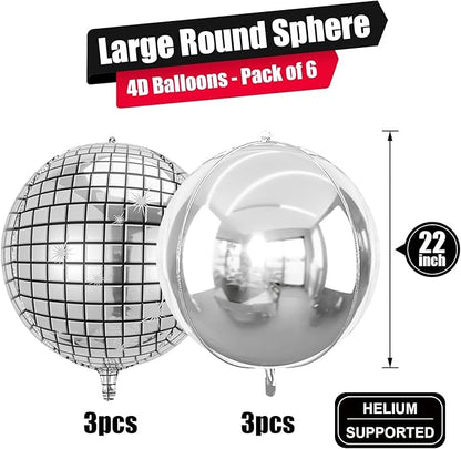 6Pcs 22 Inch Silver Balloons, Disco Ball Balloons with Silver Round Foil Balloon, 70s 80s 90s Theme Large Metallic Disco Balloon for Dance Bachelorette Graduation Birthday Party Supplies