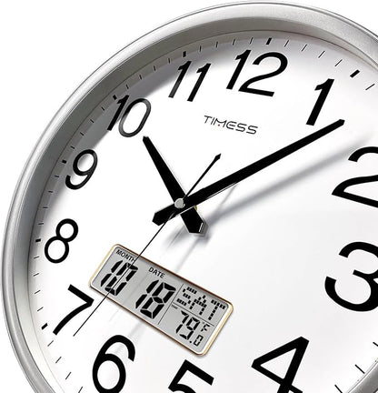 Wall Clock, 16 Inch Non-Ticking Silent Battery Operated Quartz Analog with LCD Display for Perpetual Calendar and F° Temperature, Ideal Modern Home, Bedroom, Kitchen, Office Décor (Sliver)