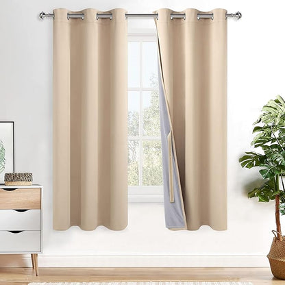 XWZO 100% Blackout Curtains 63 Inches Long - Thermal Insulated & Completely Room Darkening Black Liner Window Treatment with Tiebacks for Bedroom/Living Room, Biscotti Beige, W42 x L63, Set of 2