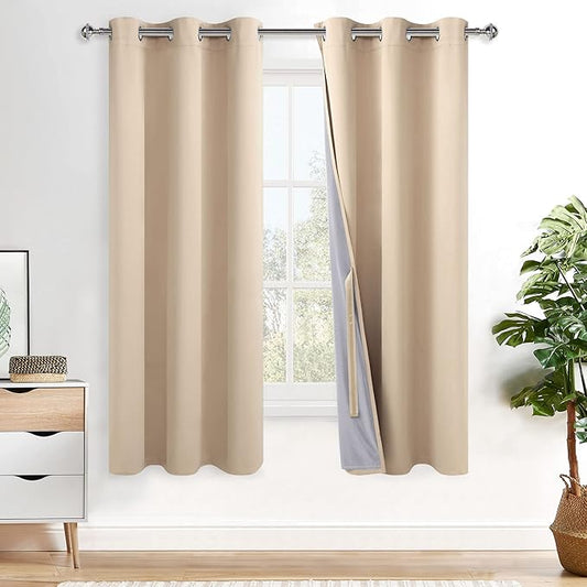 XWZO 100% Blackout Curtains 63 Inches Long - Thermal Insulated & Completely Room Darkening Black Liner Window Treatment with Tiebacks for Bedroom/Living Room, Biscotti Beige, W42 x L63, Set of 2