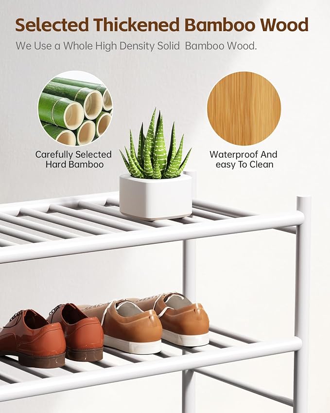 Bamboo Shoe Rack for Closet Small Wooden Shoe Organizer with Pouch, Sturdy Wood Shoe Shelf for Front Door Entrance Entryway and Outdoor, 26 inch Wide (White, 4-Tier)