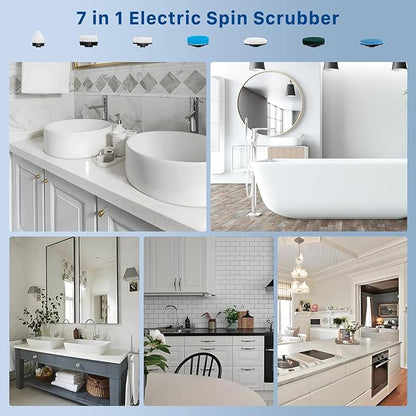 Electric Spin Scrubber, Hillyfe Bath Scrubber for Cleaning with 7 Replaceable Brush Heads, IPX7 Waterproof,300/400 RPM, 3 Adjustable Size,Cordless Shower Cleaner Brush for Bathroom Floor,Blue