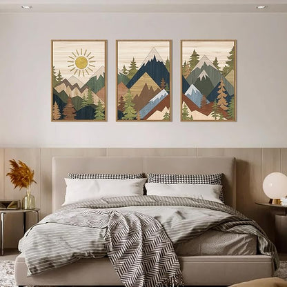 Large Abstract Mountain Woodcut Framed Canvas Wall Art,Vintage Pine Tree Wall Decor,Rustic Nature Forest Wall Painting,Neutral Artwork for Living Room,Bedroom,Dining Room,Farmhouse -16"x24"x3