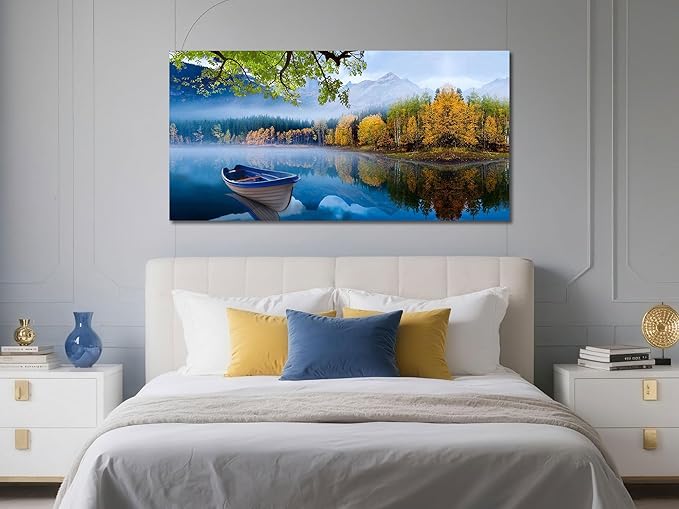 Arjun Lake Canvas Wall Art Blue Mountain Sky Nature Landscape Picture Boat Artwork Modern Scenic Painting Framed Large for Living Room Bedroom Dining Room Home Office Wall Decor 48"x24"