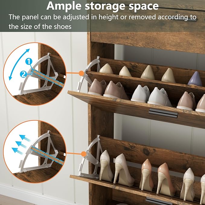 Shoe Storage Cabinets, 16 Pairs Free Standing Shoe Organizer with 2 Flip Drawers for Entryway, Narrow 3 Tier Entryway Hidden Shoe Rack with Doors (Upgraded Rustic)