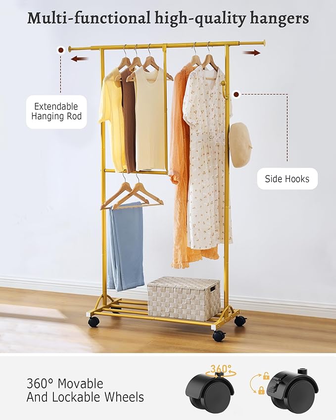 FAVOOSTY Clothes Rack for Hanging Clothes, Rolling & Extending Clothing Rack with Wheels, Garment Coat Rack Freestanding, Portable Closet Organizers and Storage Laundry Room Bedroom, Gold