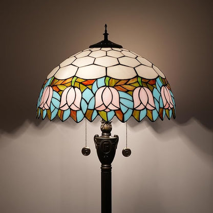 Tiffany Floor Lamp Pink Tulip Style Stained Glass Lamp Bright Lighting Rustic Standing Floor Lamp 16X16X64 Inches Vintage Unique Bronze Reading Corner Lamp for Home Decor Living Room Bedroom