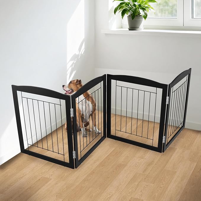 ZJSF Freestanding Foldable Dog Gate for House Extra Wide Wooden Black Indoor Puppy Gate Stairs Dog Gates Doorways Tall Pet Gate 4 Panels Fence