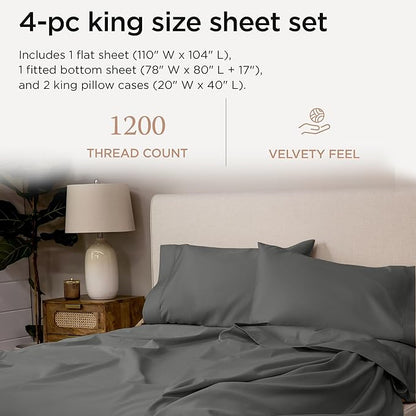 Threadmill Luxury 1200 Thread Count Supima Cotton Sheets, King Size, 4 Pc Dark Grey Set, 5-Star Hotel Quality with Elasticized Deep Pocket King Sheets