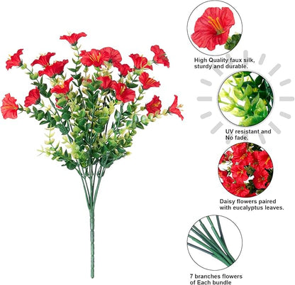 Artificial Flowers Fake Plants for Outdoors Decoration, 12 Bundles Red Silk Morning Glory with Eucalyptus Realistic UV Resistant Faux Flowers Greenery for Outside Planter Yard Garden Home Indoor Patio