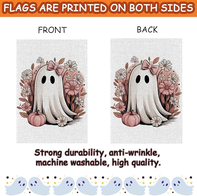 Fokongna Pink Halloween Decor Garden Flag, Pink Halloween Ghost Decor, 12x18 Inch Burlap Vertical Double Sided Flags, for Home Yard Outside Decorations