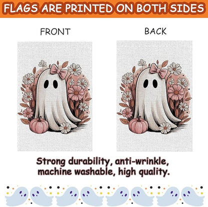 Fokongna Pink Halloween Decor Garden Flag, Pink Halloween Ghost Decor, 12x18 Inch Burlap Vertical Double Sided Flags, for Home Yard Outside Decorations