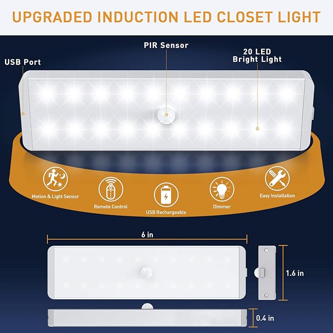 LED Closet Light, 20LEDs Dimmer USB Rechargeable Motion Sensor Light Under Cabinet Lighting, Stick-Anywhere Night Safe Light Bar for Wardrobe,Kitchen-3 Pcs