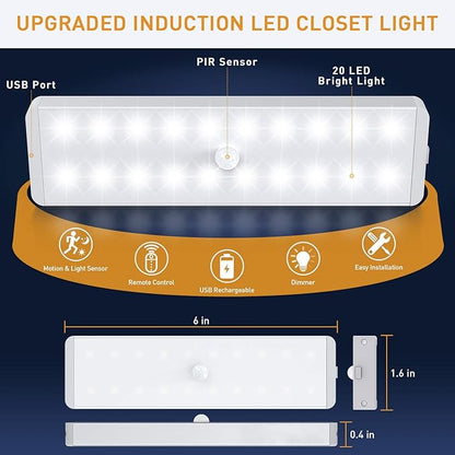 LED Closet Light, 20LEDs Dimmer USB Rechargeable Motion Sensor Light Under Cabinet Lighting, Stick-Anywhere Night Safe Light Bar for Wardrobe,Kitchen-3 Pcs