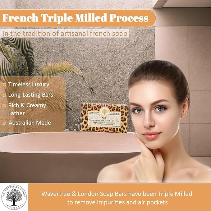 Wavertree & London Noir Scented Natural Soap (8 Bars), 7oz Moisturizing French Triple Milled Soap Bars enriched with shea butter - Pure Plant Oil Bath & Body Bars for All Skin Types