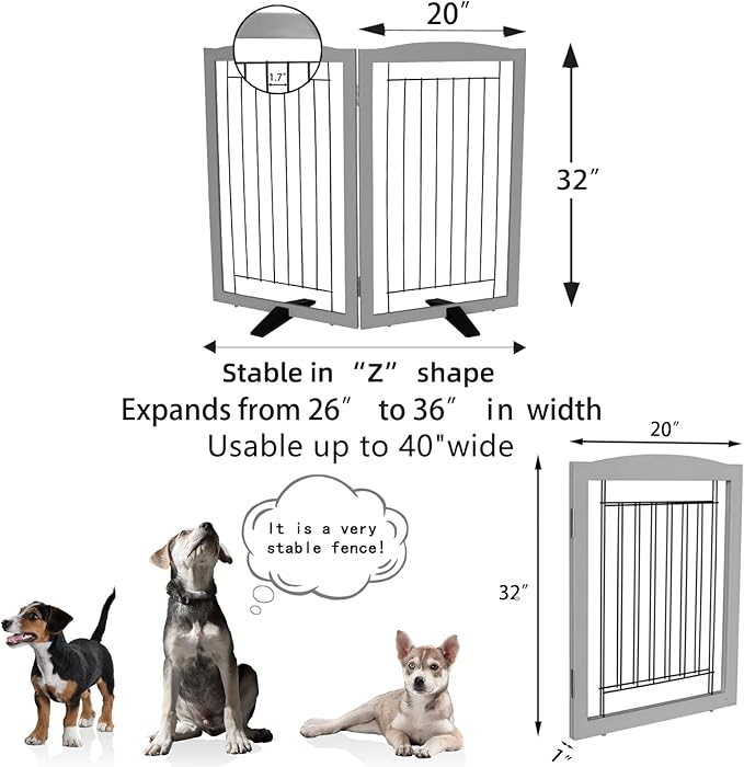 ZJSF Freestanding Dog Fence Indoor, Foldable Dog Gate for Doorways, Stairs or Hallways, Sturdy Wood Extra Wide Pet Gate with Support Feet for The House, Grey, 32 "Height-2 Panels