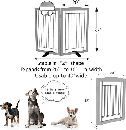 ZJSF Freestanding Dog Fence Indoor, Foldable Dog Gate for Doorways, Stairs or Hallways, Sturdy Wood Extra Wide Pet Gate with Support Feet for The House, Grey, 32 "Height-2 Panels