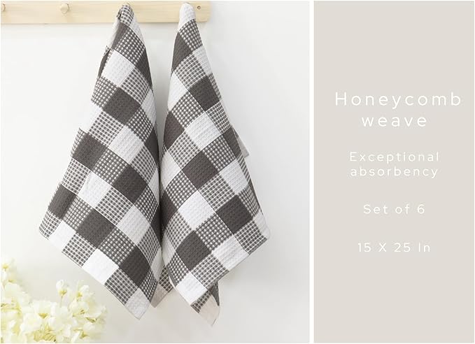 PurpleEssences 100% Cotton Waffle Weave Check Plaid Kitchen Towels, Super Soft and Absorbent Dish Towels for Drying Dishes 15 x 25-6 Pack - Fall Thanksgiving - Steel Grey and White