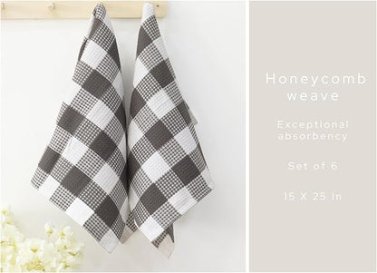 PurpleEssences 100% Cotton Waffle Weave Check Plaid Kitchen Towels, Super Soft and Absorbent Dish Towels for Drying Dishes 15 x 25-6 Pack - Fall Thanksgiving - Steel Grey and White
