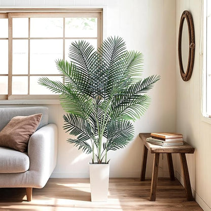 Artificial Areca Palm Tree 6FT Fake Potted Plant Faux Silk Tropical Areca Palm Real Bark Design, Large Artificial Plant in Tall White Pot for Home Living Room House Warming Floor Decor