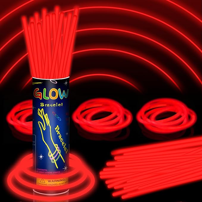 150 Pack 8” Red Glow Sticks Bulk with 150 Connectors Neon Glow In The Dark Party favors Supplies for Holiday Birthday Party Decoration (Red)