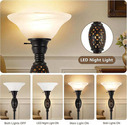 Vintage Floor Lamp with Nightlight, 70" Rustic Standing Lamp with Glass Shade, Victorian Style Tall Lamp Decor for Living Room Bedroom Study Home Office Corner (Bulb Included)