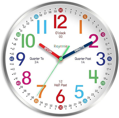 Wall Clock for Kids Learning Easily Kids Teaching Clock Silent Non Ticking Battery Operated Colorful Teaching Time Clock Decorative for Kids Room Classroom School (10 Inch)