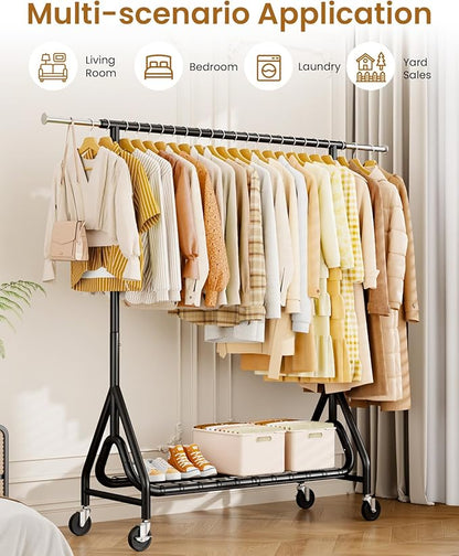 Heavy Duty Clothes Rack, Metal Clothing Rack Load 450 LBS, Rolling Coat Racks for Hanging Clothes with Lockable Wheels, Wardrobe Closet Garment Racks for Bedroom, Black