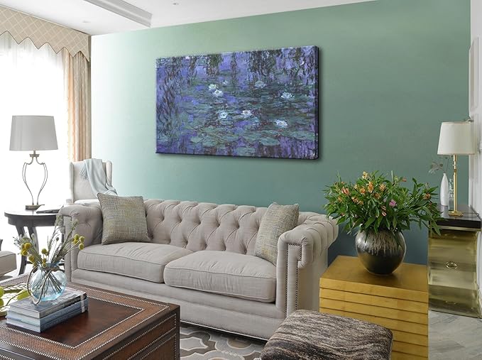 Large Blue Water Lilies by Claude Monet Canvas Wall Art Famous Painting - Classic Artwork Wall Decor Picture Print with Framed for Bedroom Living Room Office -32"x48"
