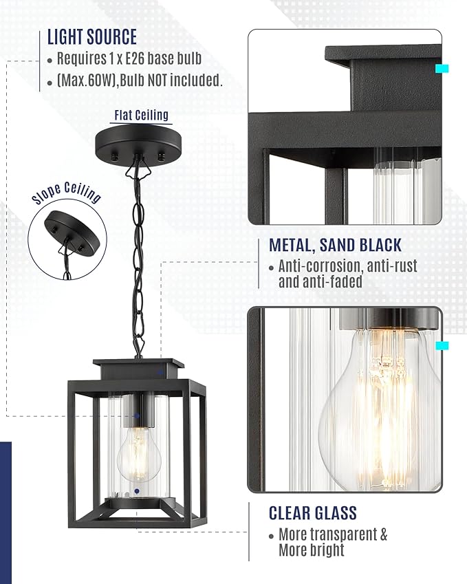 Outdoor Pendant Light for Porch, 1-Light Black Hanging Porch Light Modern Exterior Hanging Lantern with Cylinder Glass and Adjustable Chain for Gazebo, 2353/1H