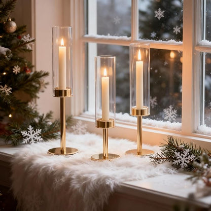 Gold Hurricane Candle Holders Set of 3, Tall Metal & Windproof Glass Taper Candle Holders, Outdoor/Indoor Table Centerpieces for Weddings, Christmas, Parties, Fireplace Decor
