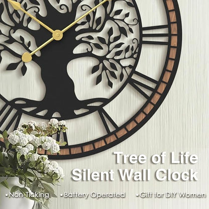 Micasso Non-Ticking Large Wall Clock: 18Inch Tree of Life Metal Black with Solid Wood Frame - Battery Operated Silent Clock for Living Room/Office/Bedroom/Kitchen - Home Decor for Vintage Style