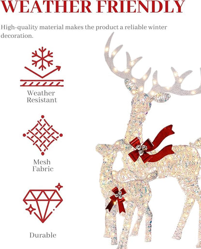 3-Piece Large Lighted Christmas Deer Family Set, Christmas Indoor and Outdoor Decoration with 225 Warm White LED Lights, Ground Pegs, Cable Ties. Suitable for Patio Lawn Garden Party-Colorful