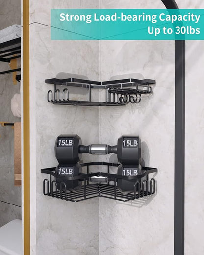 HapiRm Corner Shower Caddy with Shampoo Holder, 2-Pack Shower Organizer Shower Storage Shelf with 11 Hooks, No Drilling Rust Proof Stainless Steel Corner Shower Shelf with 6 Pack Adhesives (Black)