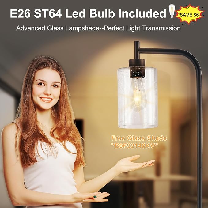 DLLT Floor Lamp Tall for Room: Black Standing Lamp with Seeded Glass Lampshade for Living Room - Modern Bright Lamp for Bedroom - Industrial Corner Floor Lamps for Office 8W Led Bulb Included