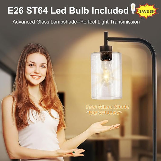 DLLT Floor Lamp Tall for Room: Black Standing Lamp with Seeded Glass Lampshade for Living Room - Modern Bright Lamp for Bedroom - Industrial Corner Floor Lamps for Office 8W Led Bulb Included