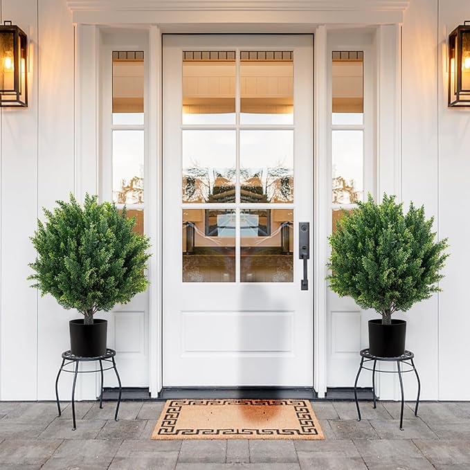 27.6" H Artificial Plants Outdoor Set of 2, Artificial Cypress Topiary Fake Plants, Realistic & UV-Resistant, Perfect for Indoor & Outdoor Decor, Easy to Install & Fade-Resistant