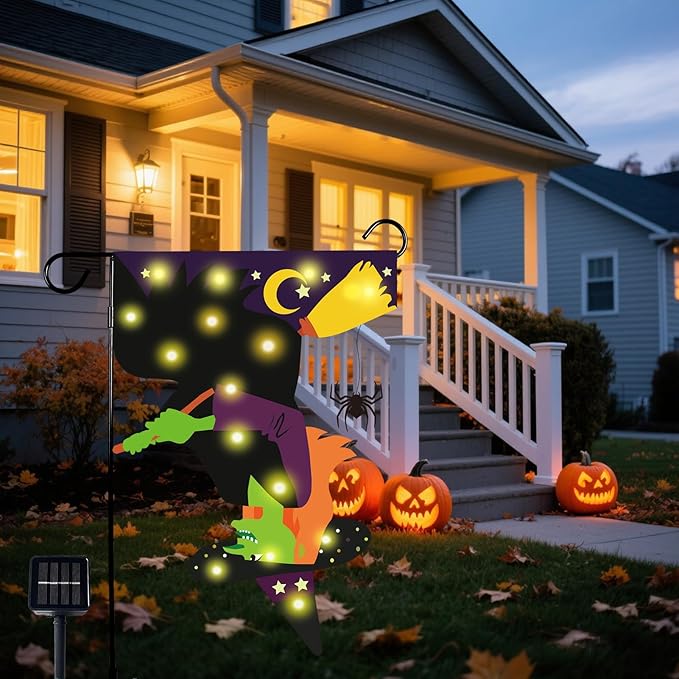 Halloween Solar-Powered Lighted Witch Garden Flag, 12x18 Inch Double-Sided Outdoor Decor with 8 Lighting Modes, Waterproof Yard Flag for Halloween Patio, Lawn & Porch