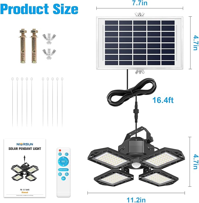 NIORSUN Solar Outdoor Lights Solar Lights Indoor Motion Sensor Pendant Light 3 Colors 4-Leaf 4 Modes with Remote, 16.4ft Wire Waterproof Security Lamp for Garage Shed Home Barn Shop Gazebo(1 Pack)