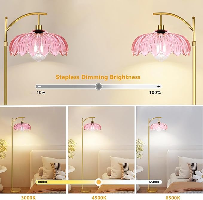 Floor Lamp for Living Room,Bedroom,Gold Dimmable Standing Lamp with Remote,Mid Century Modern Brass Tall Lamp Retro Vintage Pink Glass Lamp Floor Light Boho Bohemian