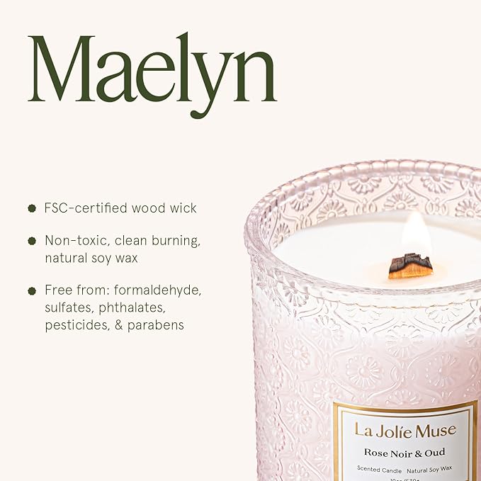 LA JOLIE MUSE Rose Noir & Oud Candle, 19 Oz, Pink Rose Scented Candle Gift, Wood Wicked Large Candles for Home Scented, Long Burning Time