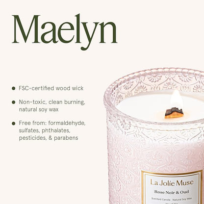 LA JOLIE MUSE Rose Noir & Oud Candle, 19 Oz, Pink Rose Scented Candle Gift, Wood Wicked Large Candles for Home Scented, Long Burning Time