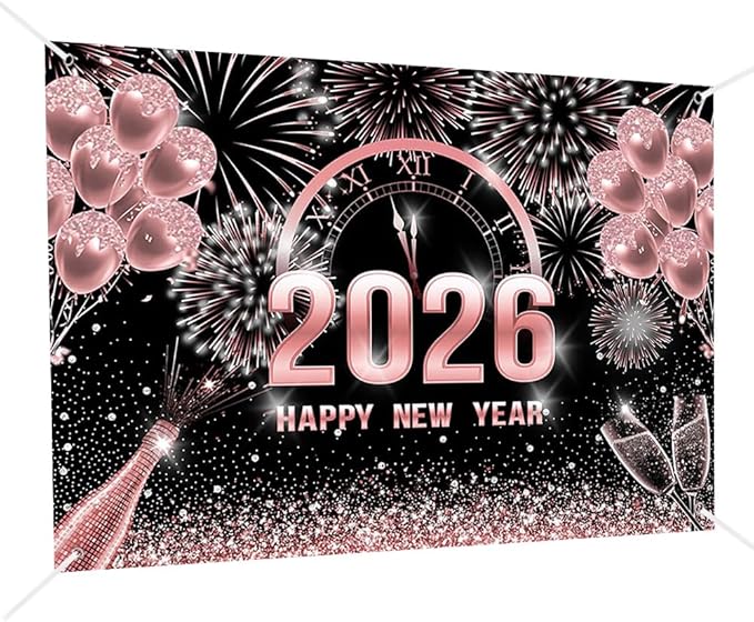 MEHOFOND 7x5ft Rose Gold 2026 Happy New Year Backdrop Cheers to 2026 New Year Eve Glitter Photography Background Hello 2026 Party Champagne Balloon Fireworks Decor Banner Cake Smash Photo Props
