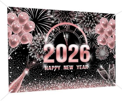 MEHOFOND 7x5ft Rose Gold 2026 Happy New Year Backdrop Cheers to 2026 New Year Eve Glitter Photography Background Hello 2026 Party Champagne Balloon Fireworks Decor Banner Cake Smash Photo Props