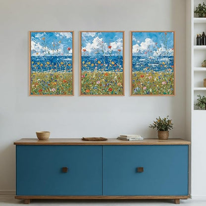 Large Modern Coastal Wildflower Framed Canvas Wall Art,Vintage Seaside Wall Decor,Abstract Flower Blue Wall Print,Nature Colorful Landscape Artwork for Living Room,Bedroom,Dining Room-16"x24"x3