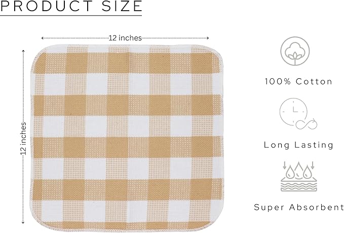 Waffle Weave Plaid Dish Cloths, 100% Cotton - 12 x 12 Inches, Ultra Soft Absorbent Quick Drying Dish Towels Buffalo Check Dish Rags for Kitchen, 6 Pack - Spring Summer - Beige and White
