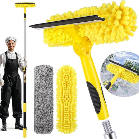 144'' Long Reach Window Squeegee with Telescoping Extension Pole,2 in 1 Shower Cleaning with Telescopic Pole,Extension Washing Tool with Rotatable Clean Head for Indoor/Outdoor High Window Glass