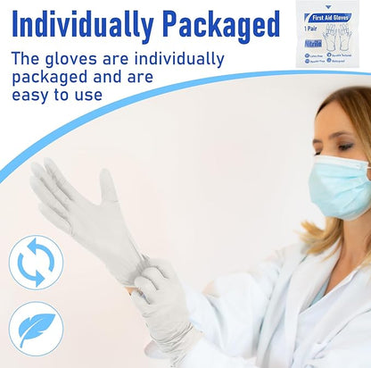 50 Pairs Disposable Emergency Glove Individually Packaged Travel Gloves Travel Trauma Essential Nitrile Glove (White)